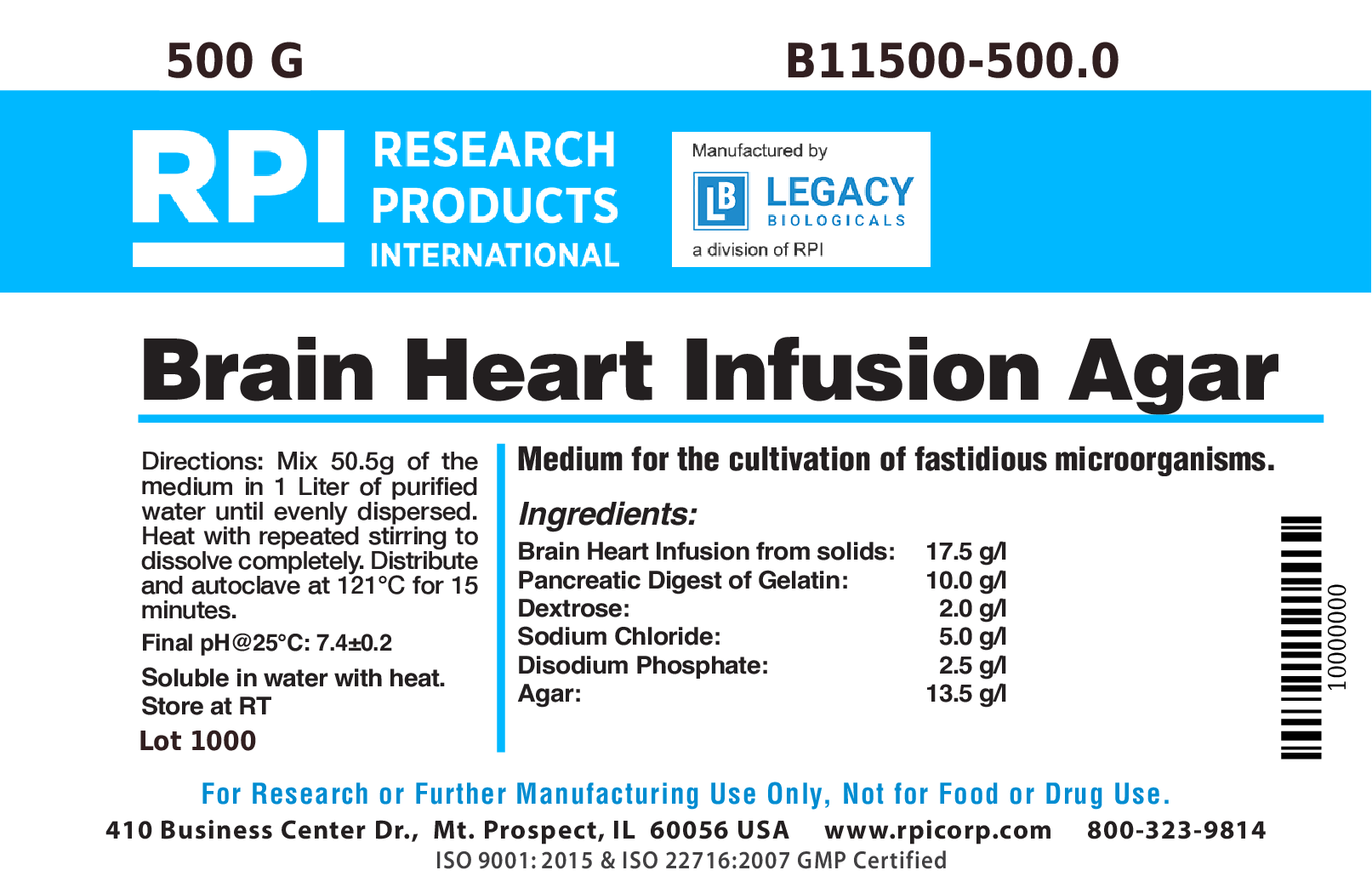 BHI Agar [Brain Heart Infusion Agar], 500 Grams