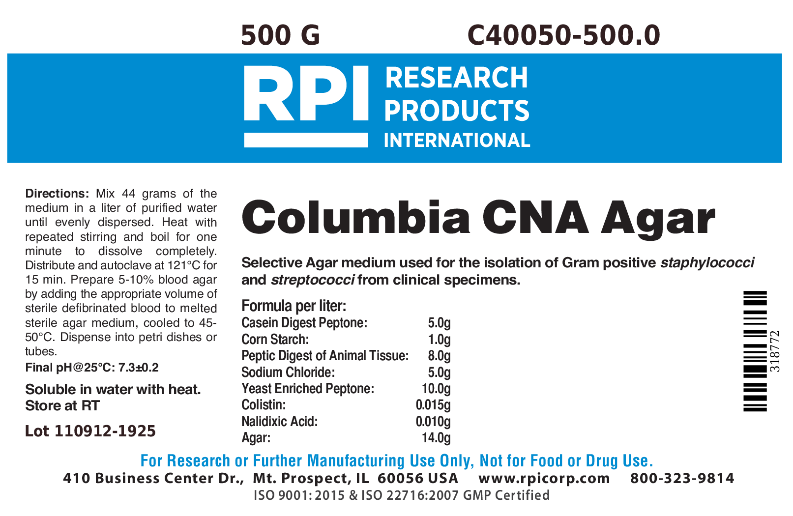 Columbia CNA Agar, 500 Grams