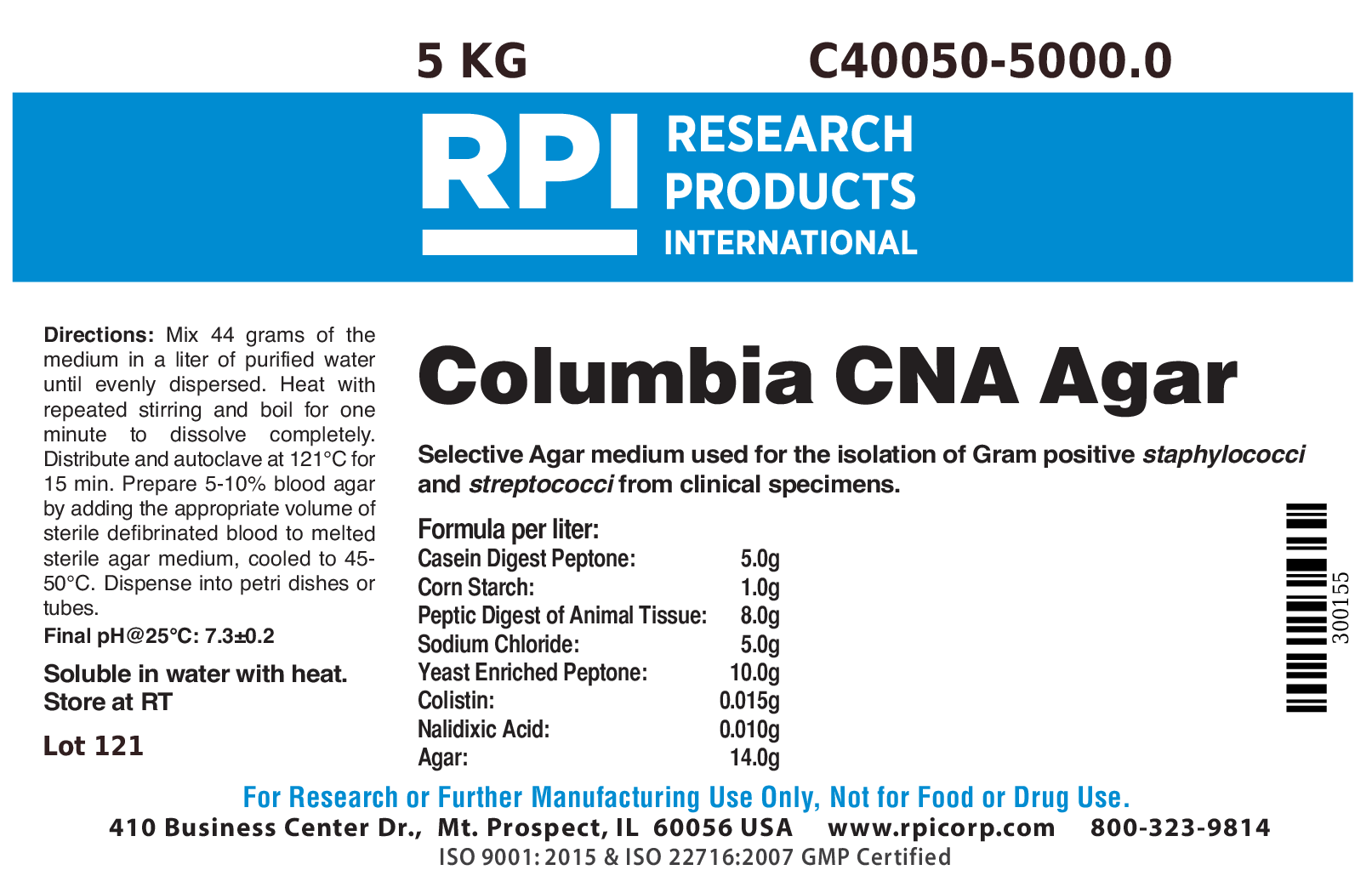 Columbia CNA Agar, 5 Kilograms