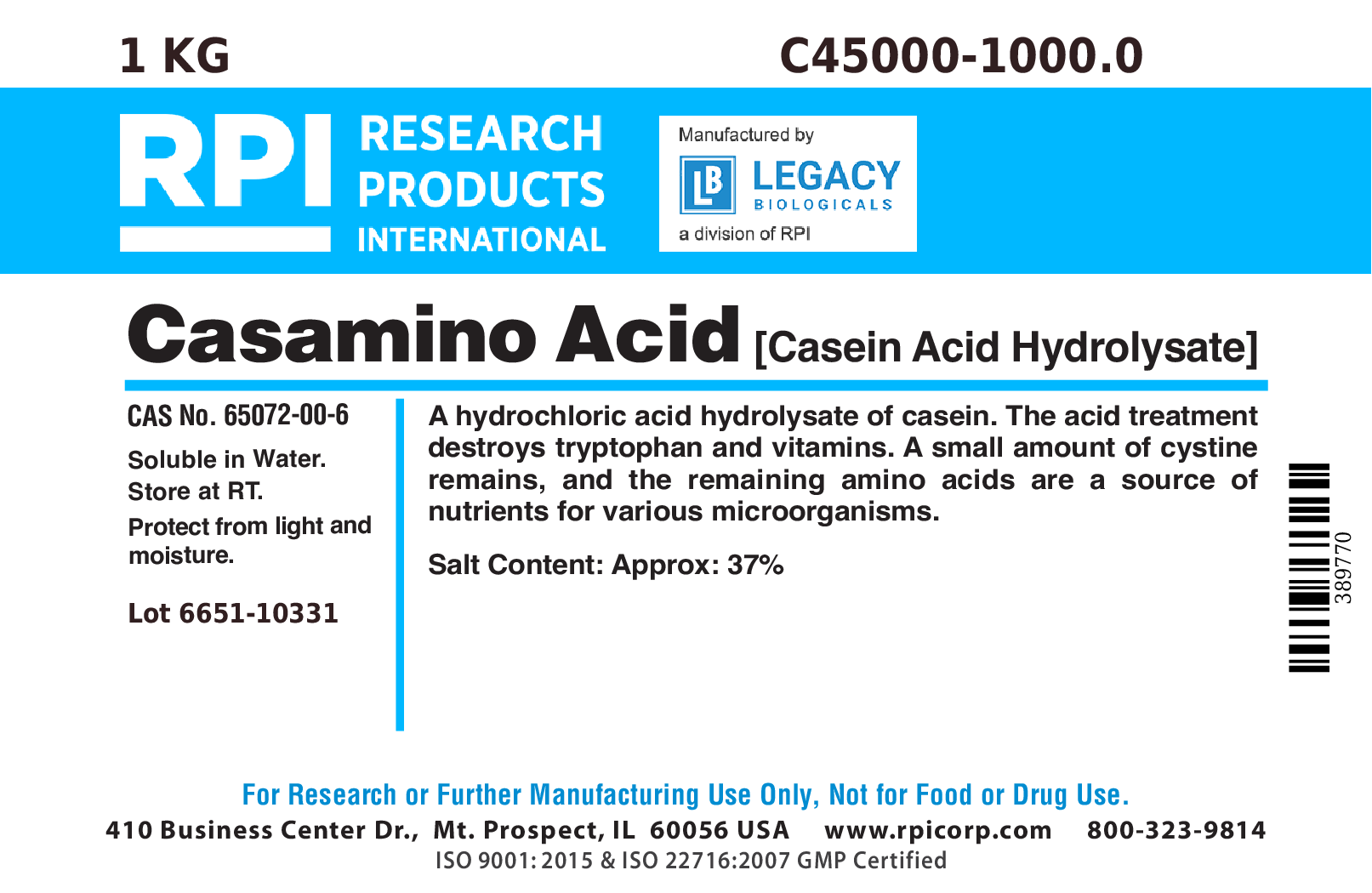 Casamino Acids [Casein acid hydrolysate], 1 Kilogram