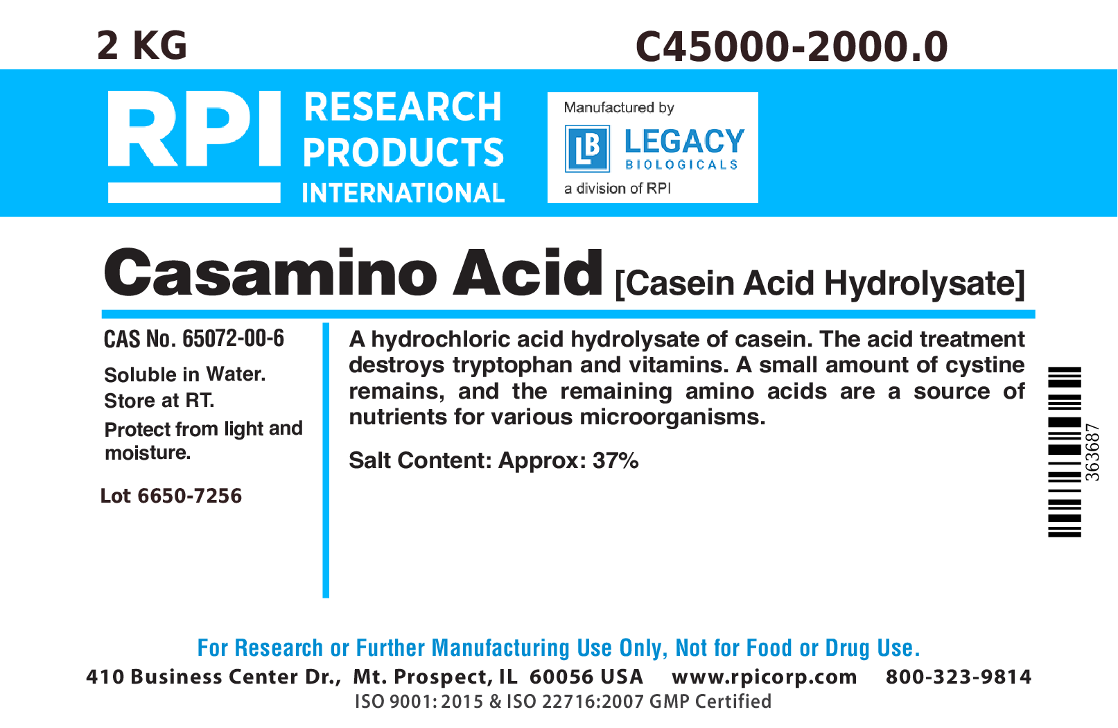 Casamino Acids [Casein acid hydrolysate], 2 Kilograms