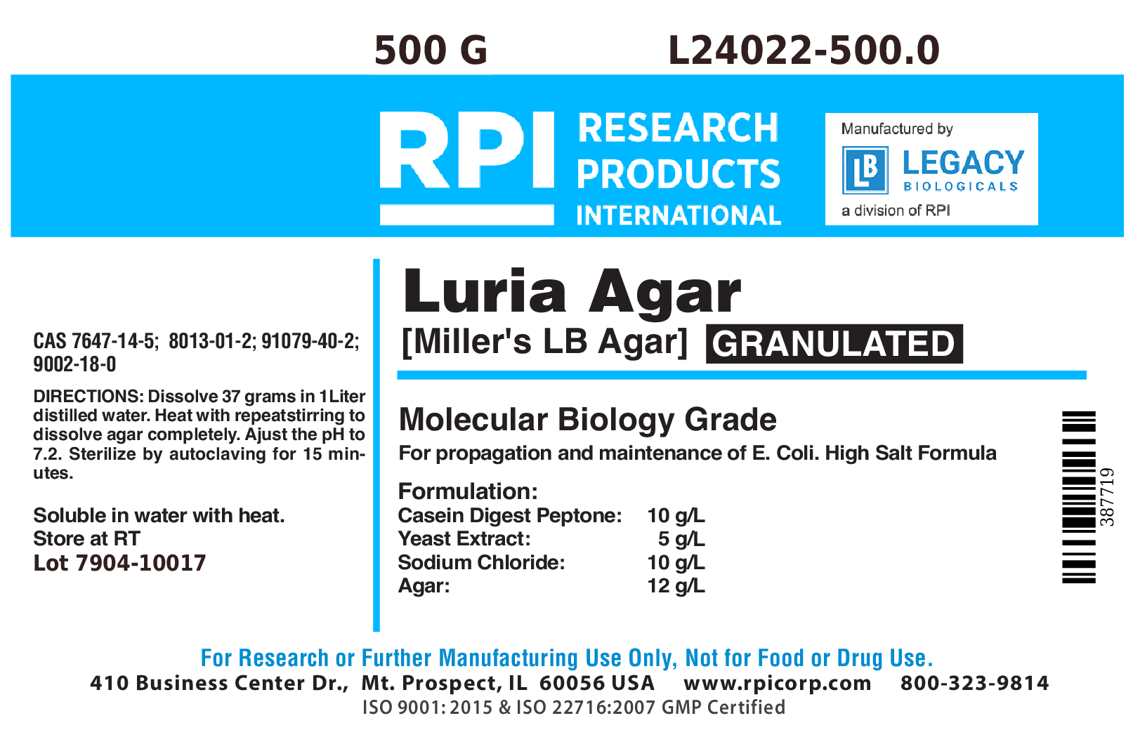 Luria Agar Granulated [Miller's LB Agar], 500 Grams