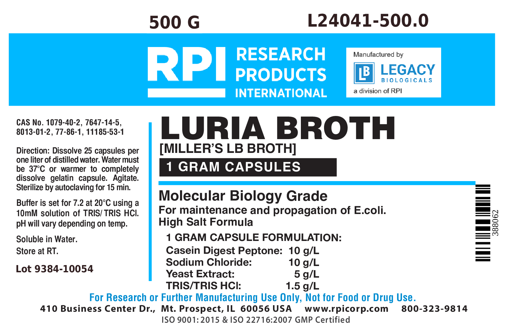 Luria Broth [Miller's LB] 1 Gram Buffered Capsules, 500 Grams