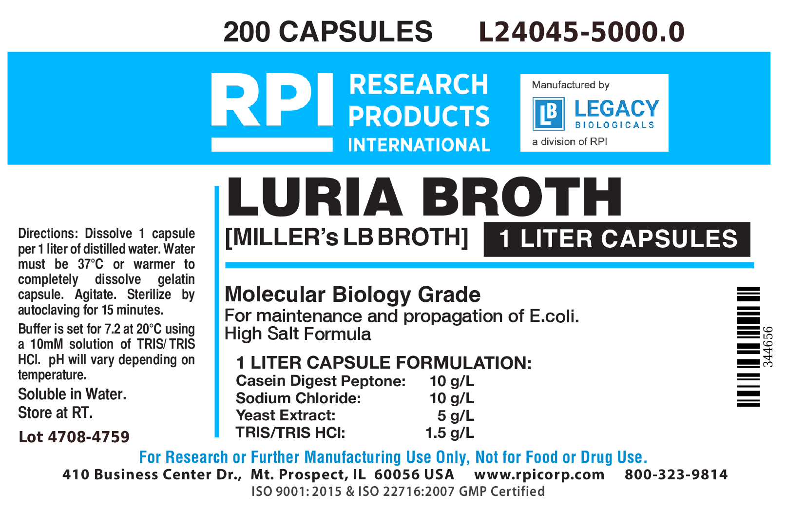 Luria Broth 1 Liter Buffered Capsules [Miller's LB Broth], 200 Capsules of 25 Grams, 5 Kilograms