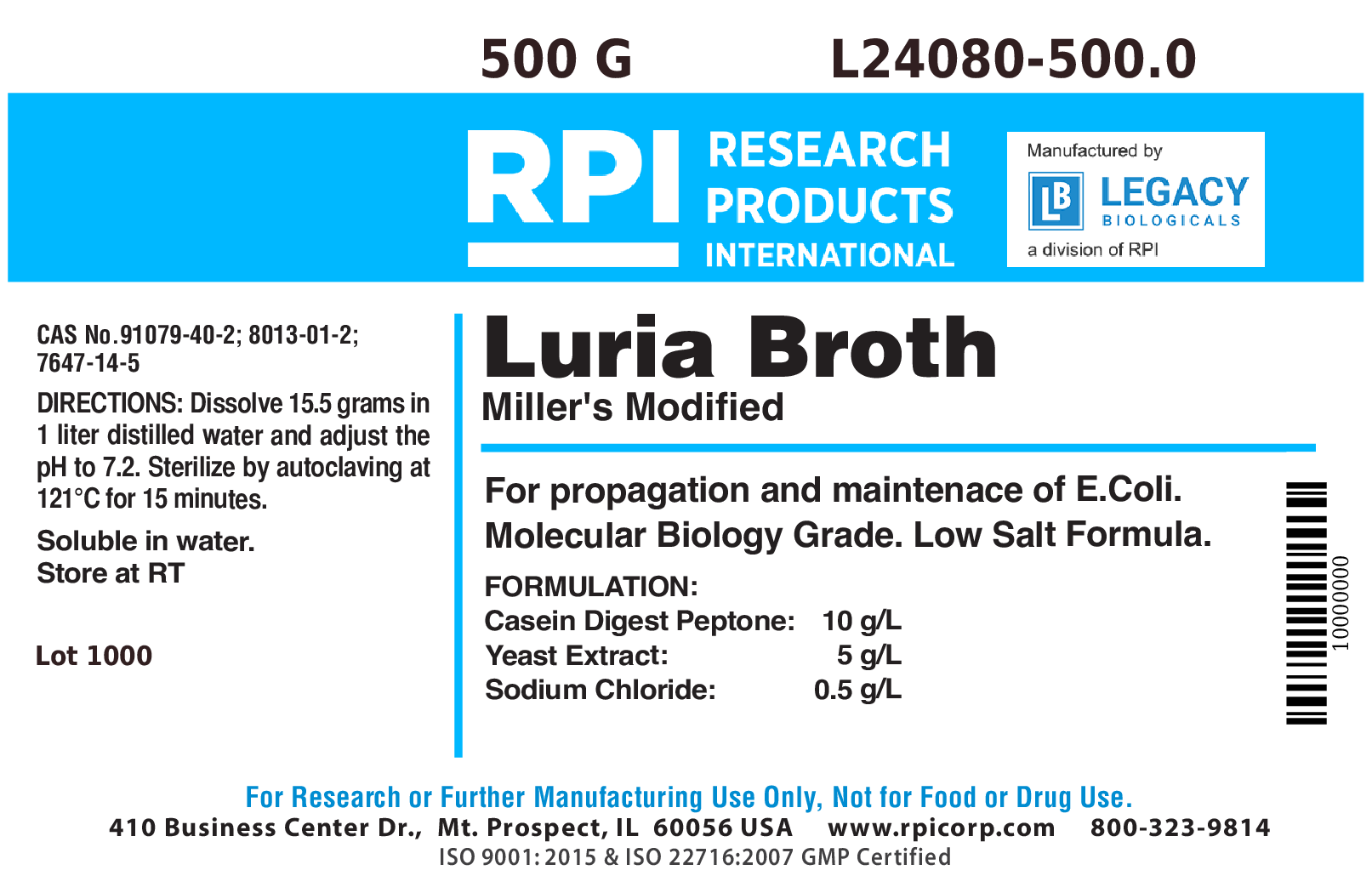 Luria Broth Miller's Modified, 500 Grams