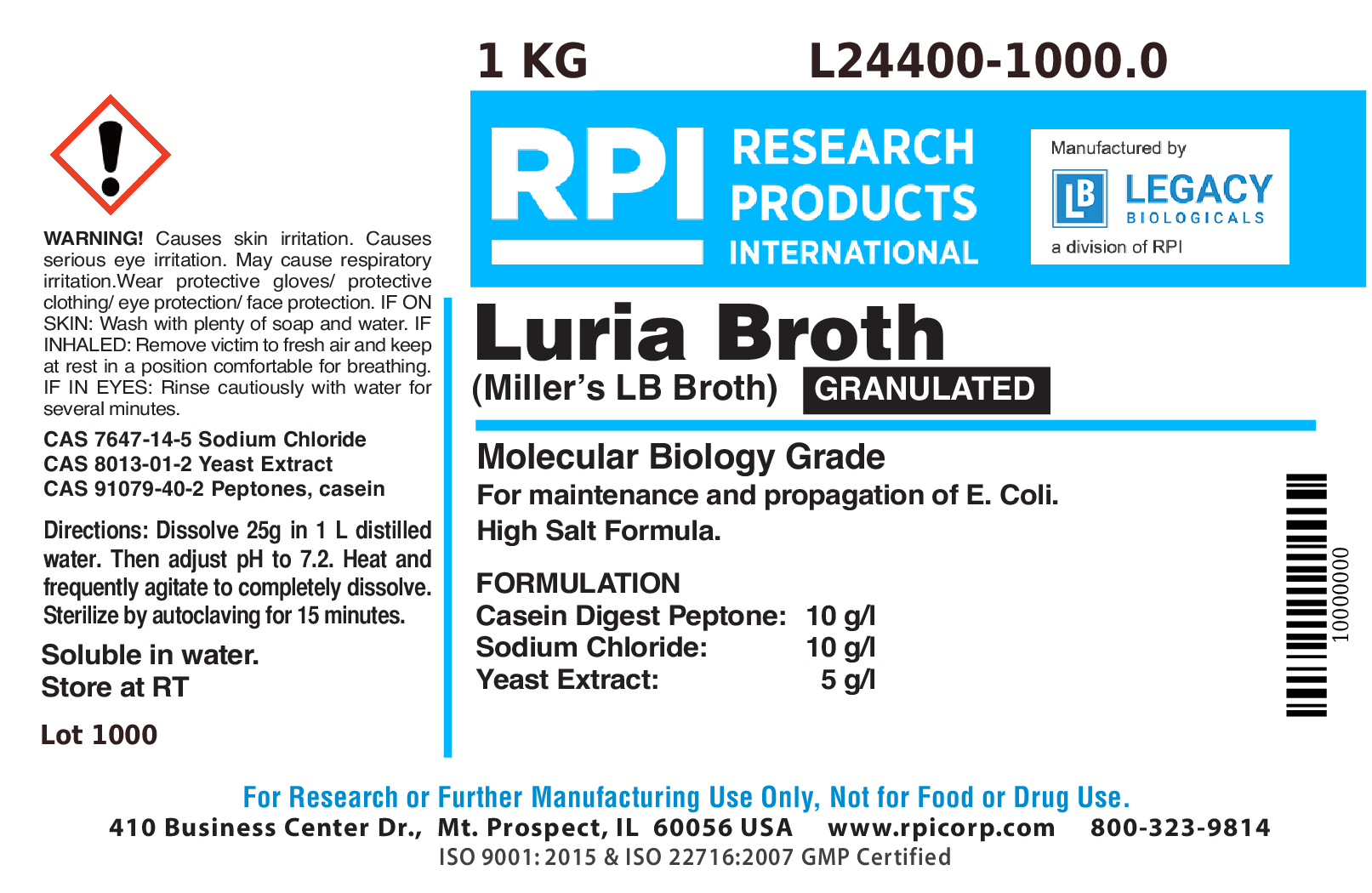 Luria Broth Granulated [Miller's LB Broth], 1 Kilogram
