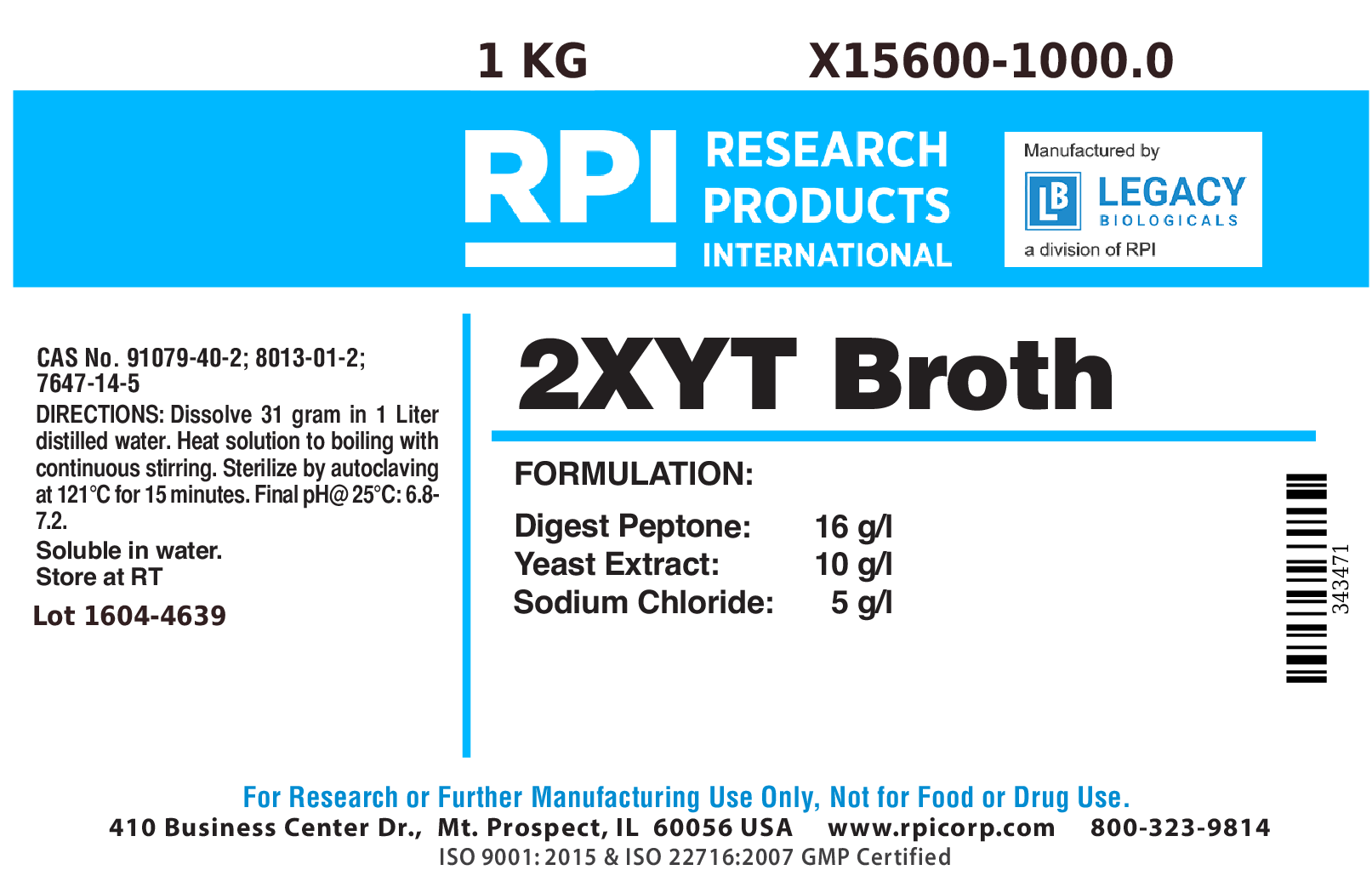 2XYT Broth, Powder, 1 Kilogram