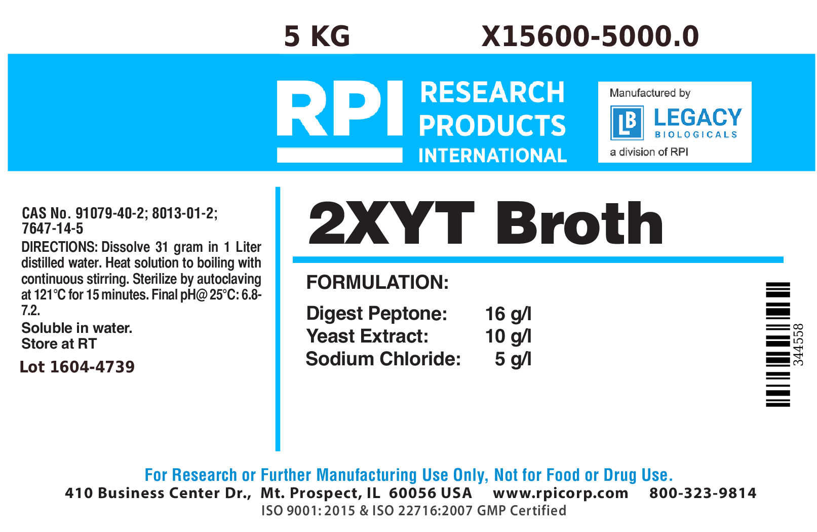2XYT Broth, Powder, 5 Kilograms