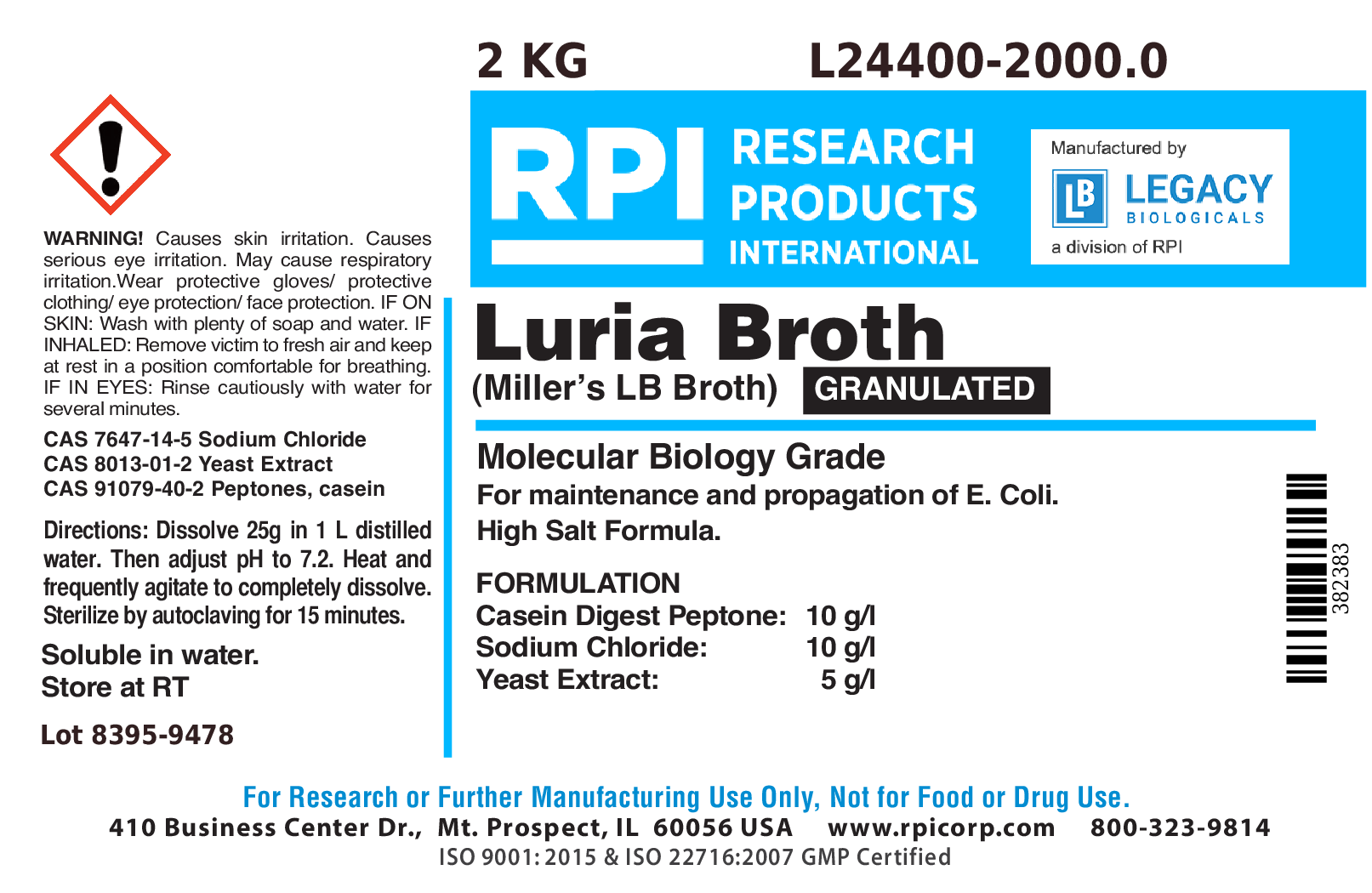 Luria Broth Granulated [Miller's LB Broth], 2 Kilogram