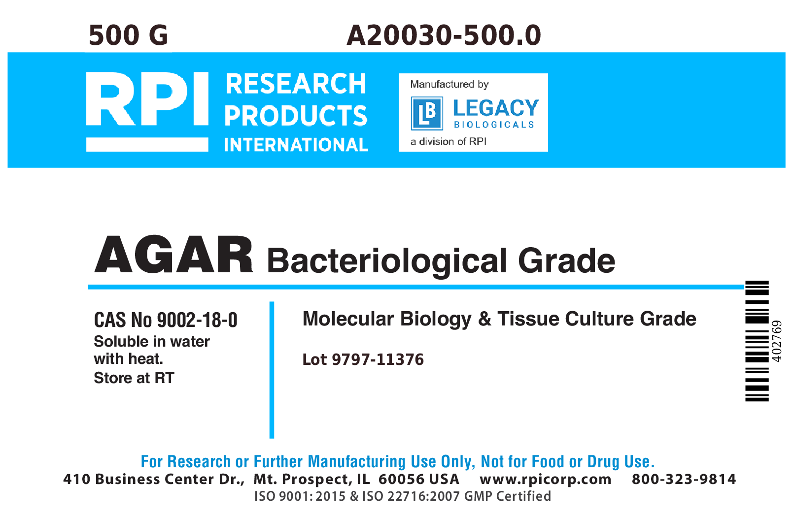 Agar, Bacteriological Grade, 500 Grams