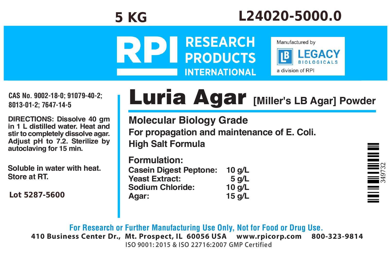 Luria Agar [Miller's LB] Powder, 5 Kilograms