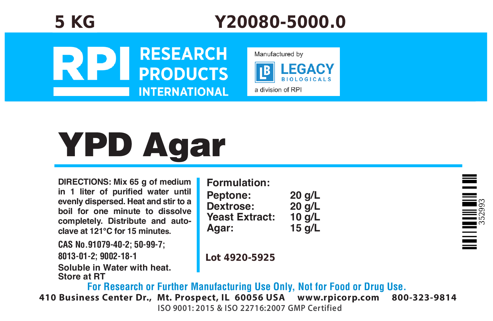 YPD Agar, 5 Kilograms