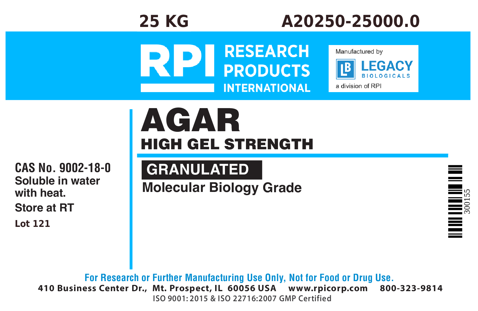 Agar, Granulated, High Gel Strength, 25 Kilograms