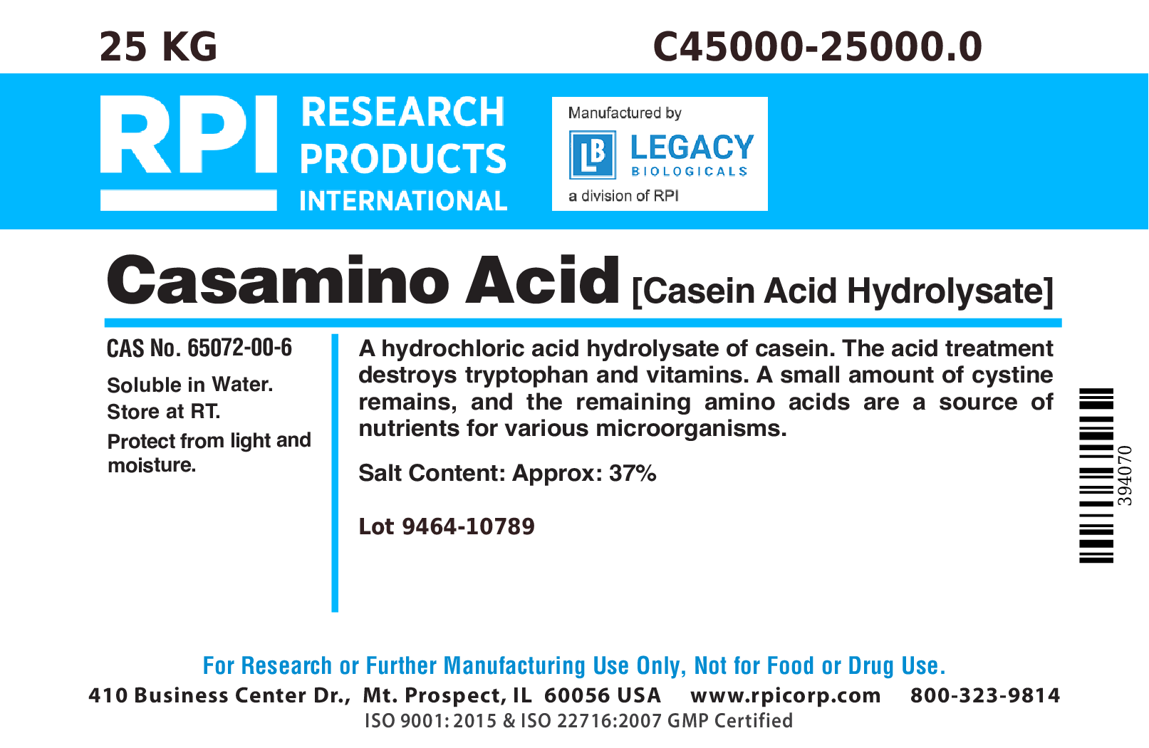 Casamino Acids [Casein acid hydrolysate], 25 Kilograms