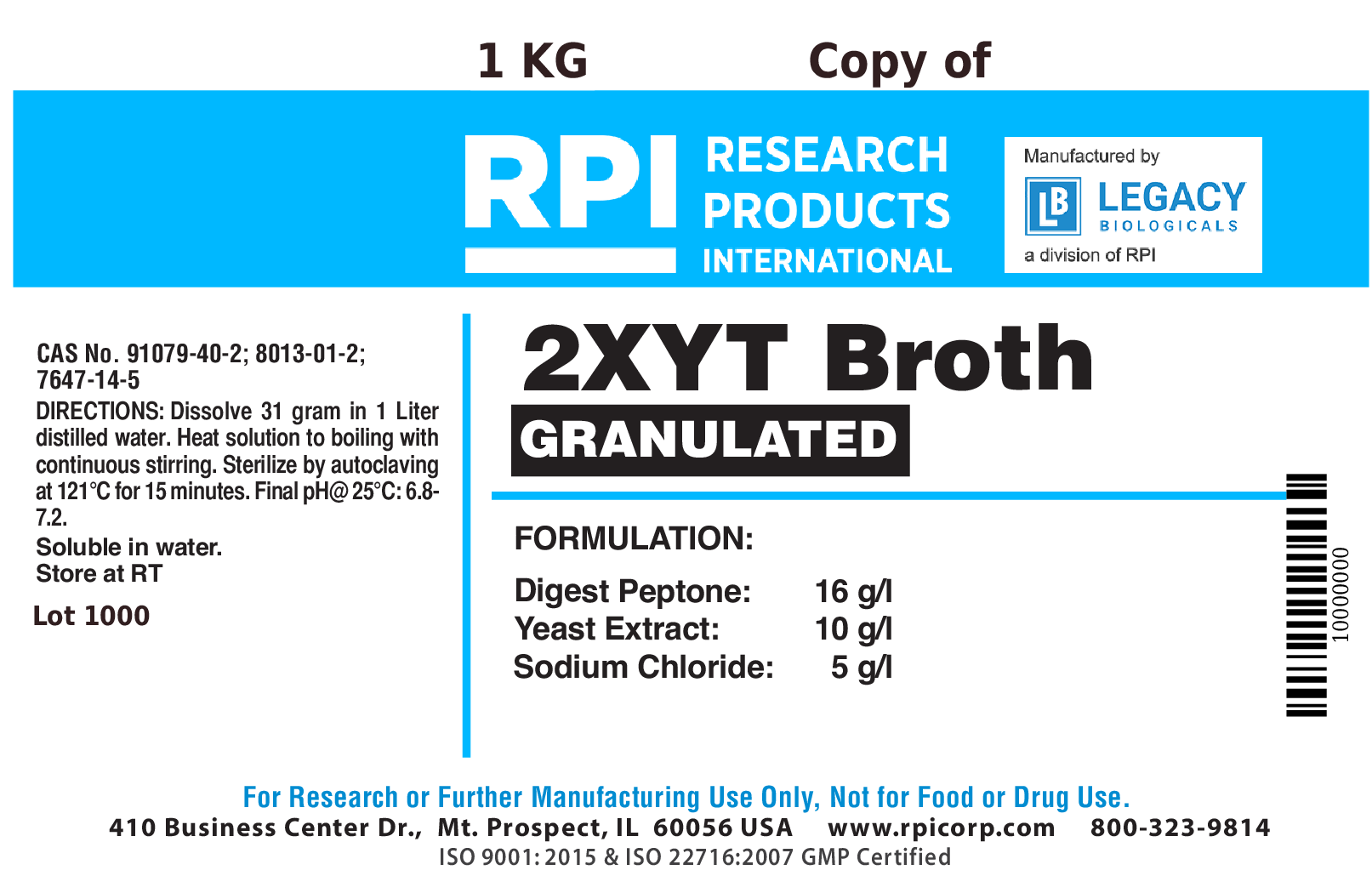 2XYT Broth, Granulated, 1 Kilogram